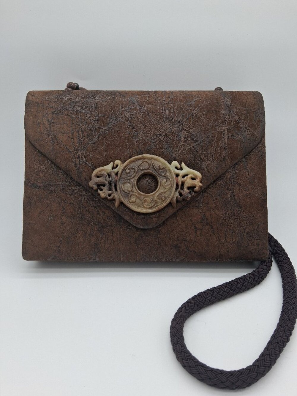 Vintage Suede Jade Detail Cord Strap Purse